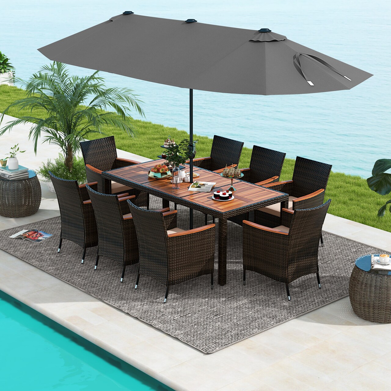 11-Piece Outdoor Dining Set with 15 Feet Umbrella, Cushions, and Acacia Wood